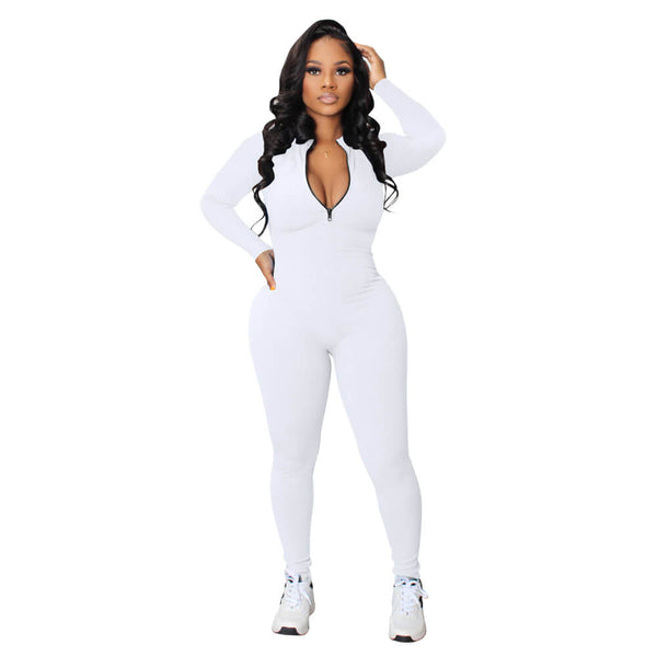 Knit Zipper Long Sleeves Elastic Jumpsuit