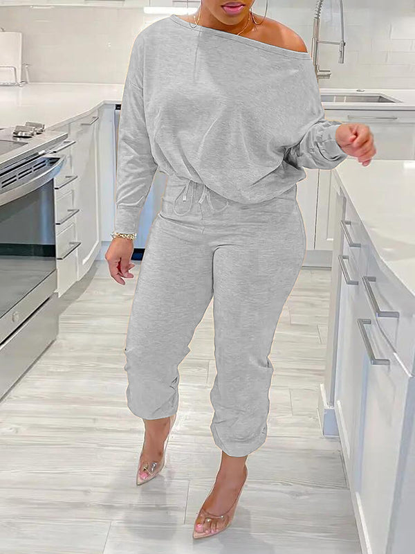 Two-Piece Solid Color Off-Shoulder Sweatshirt Set