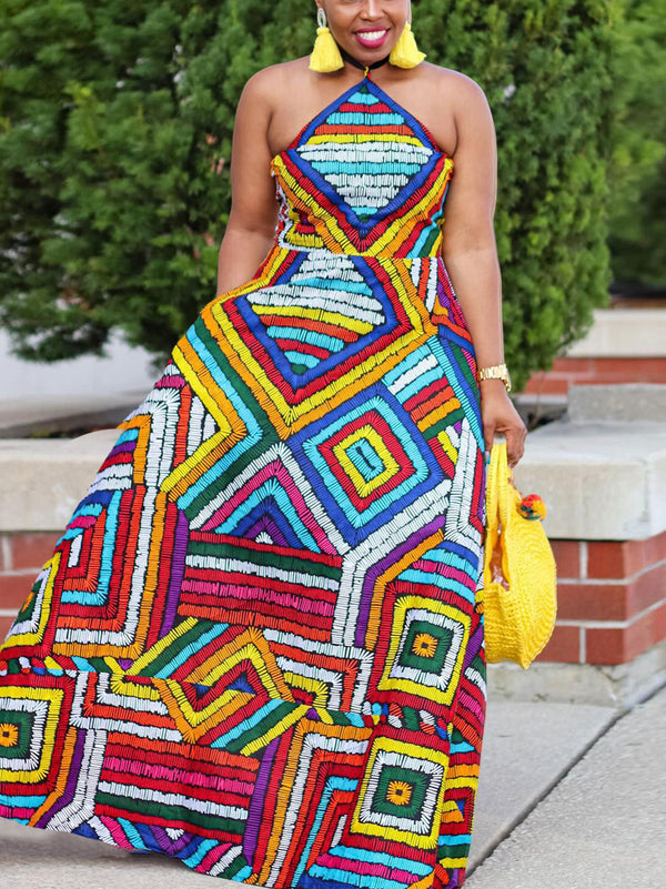 Colorful Print Halter Neck Backless Maxi Dress