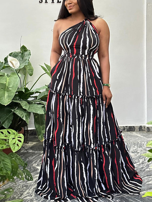 One-Shoulder Striped  Backless Maxi Dress