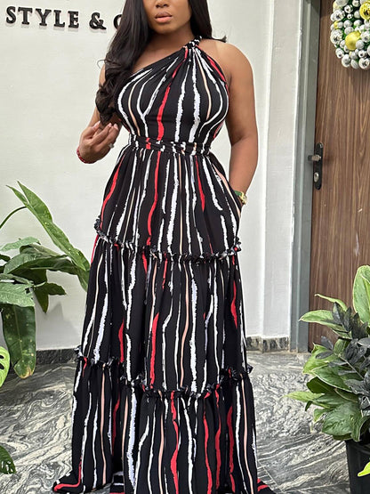 One-Shoulder Striped  Backless Maxi Dress