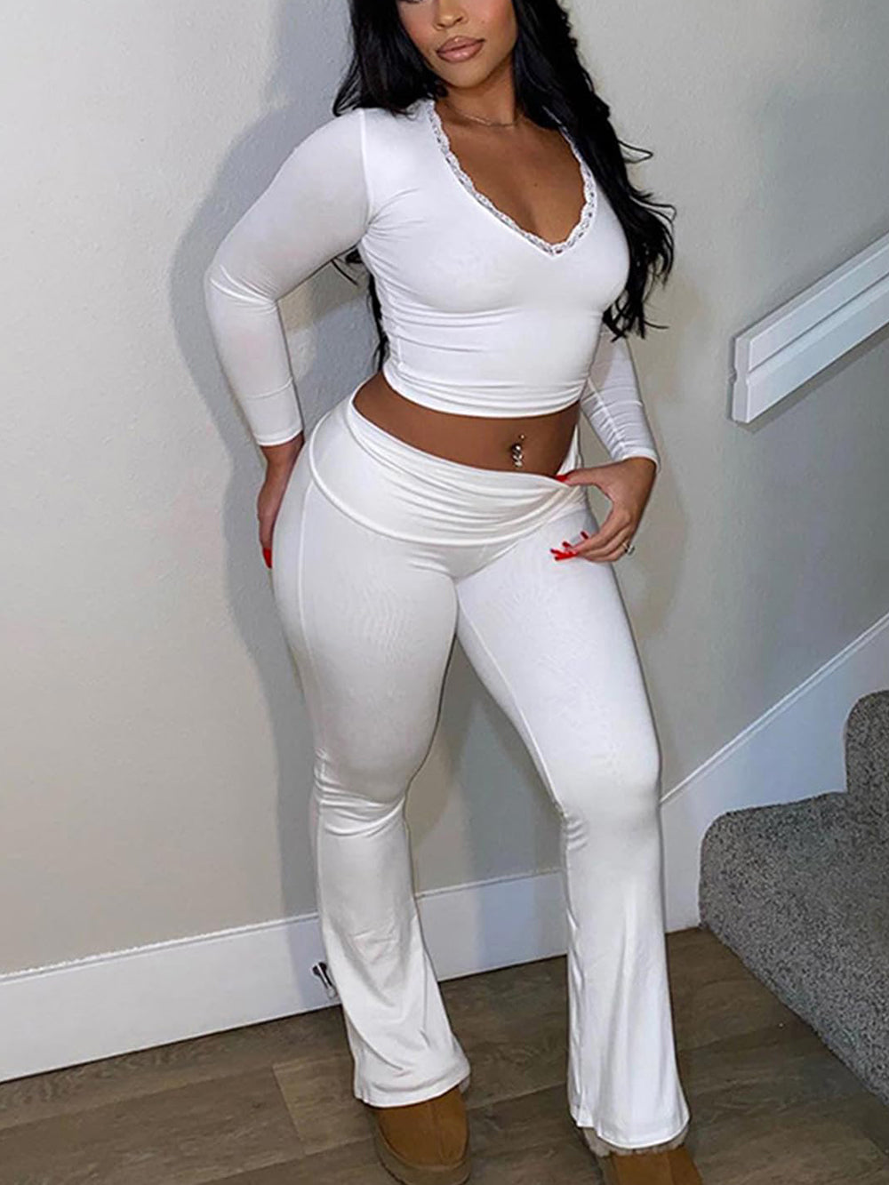 Two Piece Long Sleeve Crop Top Flare Pants Sets