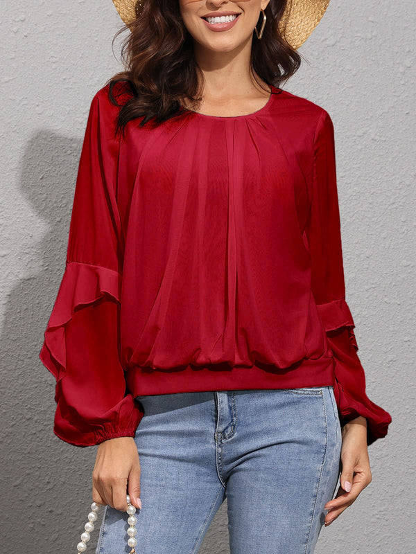 Ruffles Long Sleeve Pleated Crew Neck Top