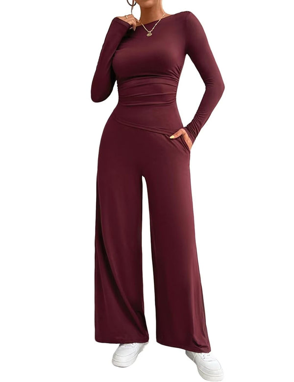 Two Piece Asymmetrical Ruched Top Wide Leg Pants