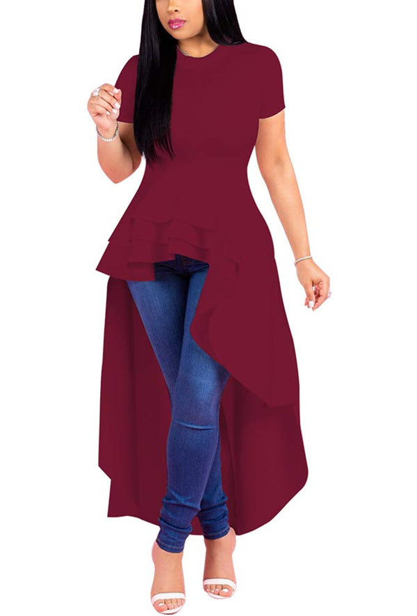 Short Sleeve High Low Peplum Tunic Ruffle Top Dress