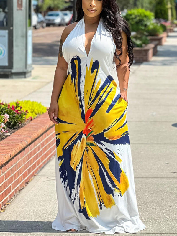 Halter Neck Backless Floral Print Maxi Dress