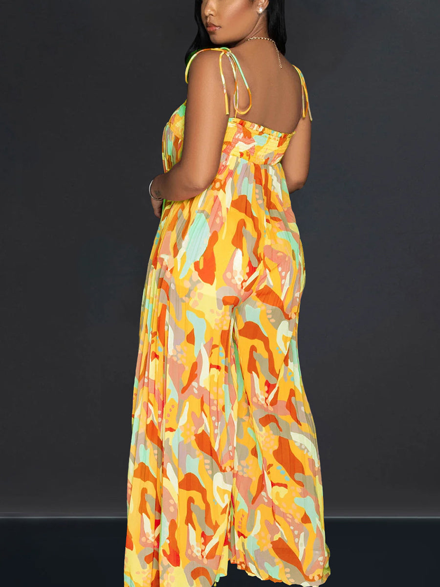 Mono estampado de pierna ancha plisado con tirantes 