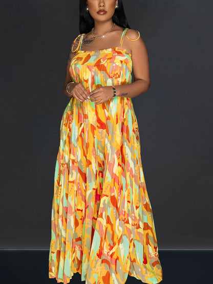 Mono estampado de pierna ancha plisado con tirantes 