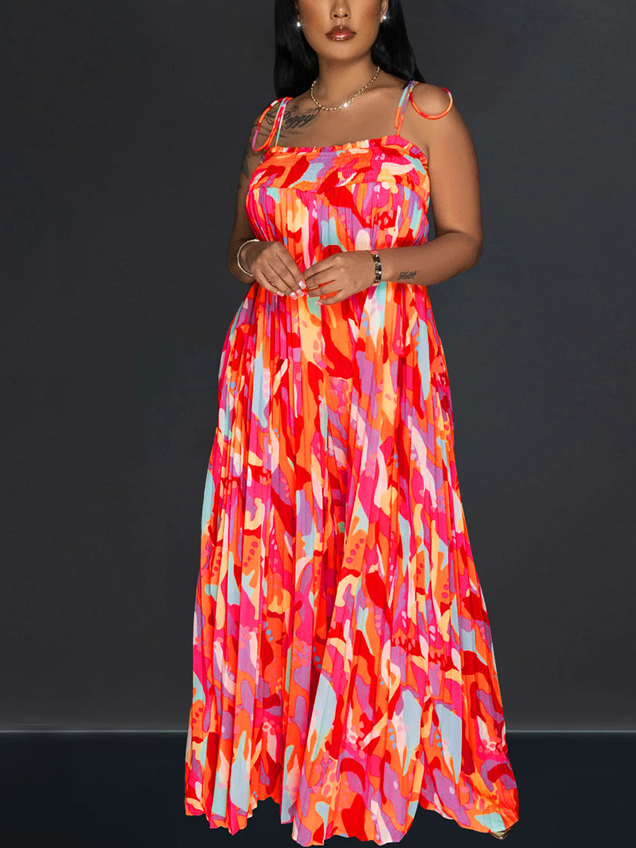 Mono estampado de pierna ancha plisado con tirantes 