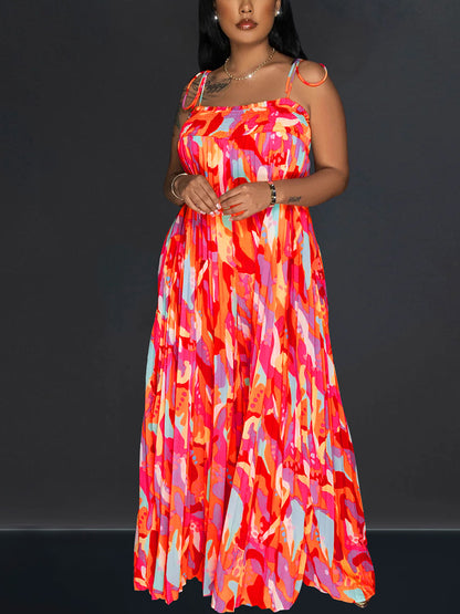 Mono estampado de pierna ancha plisado con tirantes 