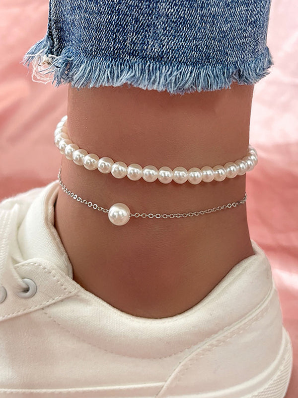 Conjunto de tobillera de perlas de doble capa 