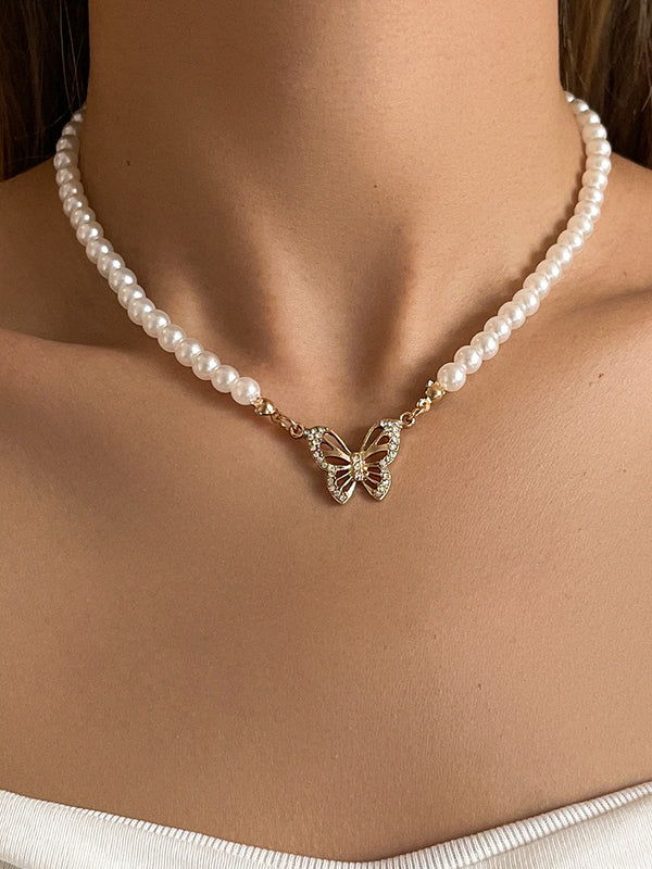 Pearl Butterfly Pendant Collar Necklace