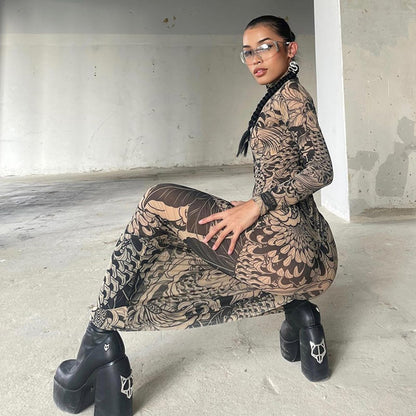 Mock Neck Mesh Print Maxi Dress