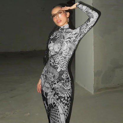 Mock Neck Mesh Print Maxi Dress