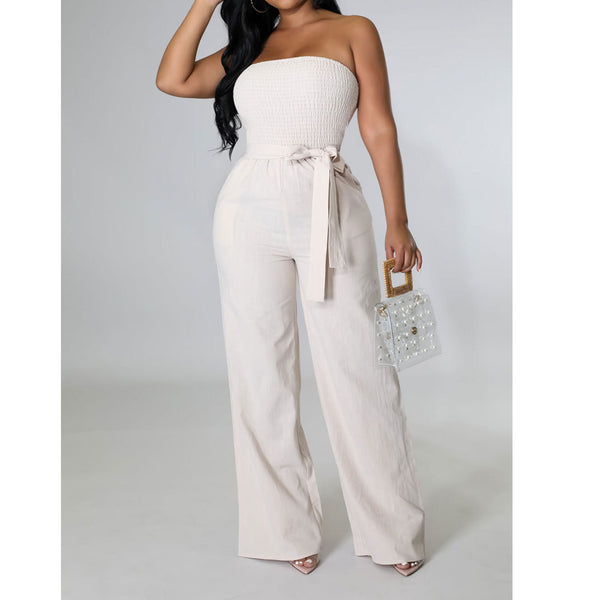 Off Shoulder Strapless Belted Wide Leg Jumpsuit