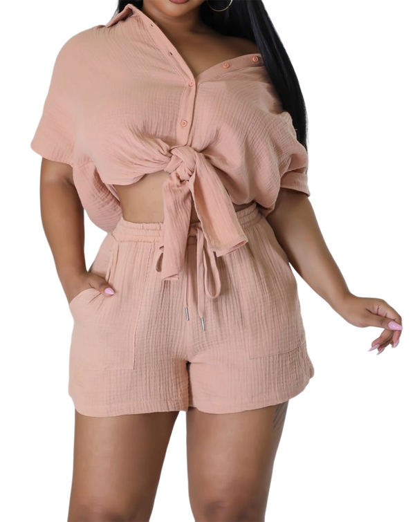 Two Piece Short Sleeve Shirts Drawstring Shorts