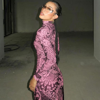 Mock Neck Mesh Print Maxi Dress