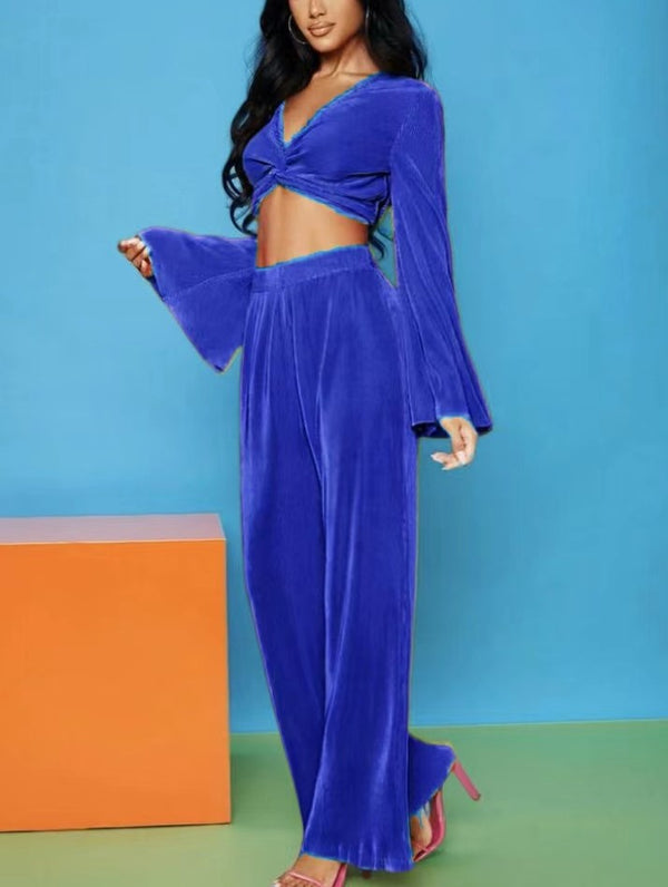 Two Piece Ribbed Crop Top Wide Leg Pants