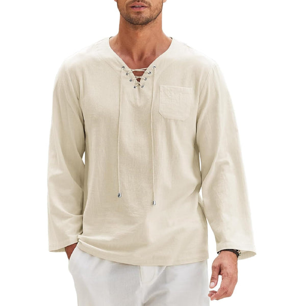 Mens Long Sleeve Lace Up V Neck Top