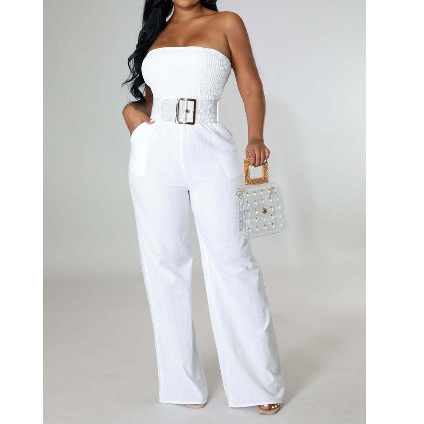 Off Shoulder Strapless Belted Wide Leg Jumpsuit