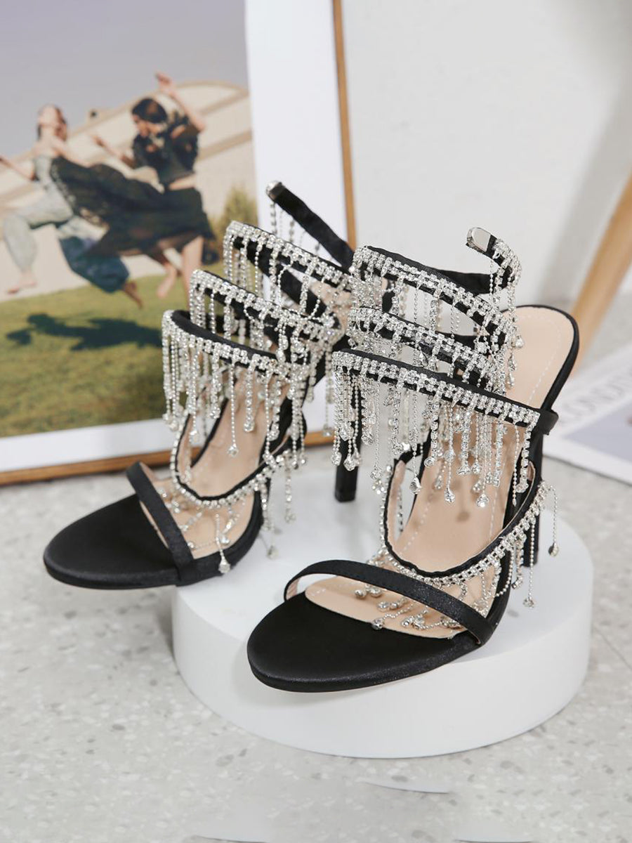 Rhinestone Fringe Ankle-Wrap Stiletto Heels