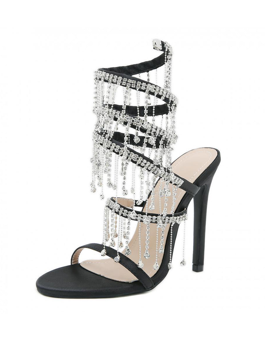 Rhinestone Fringe Ankle-Wrap Stiletto Heels