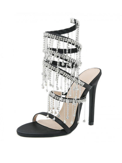 Rhinestone Fringe Ankle-Wrap Stiletto Heels