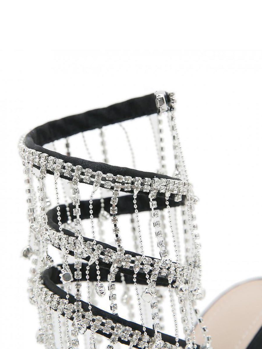 Rhinestone Fringe Ankle-Wrap Stiletto Heels