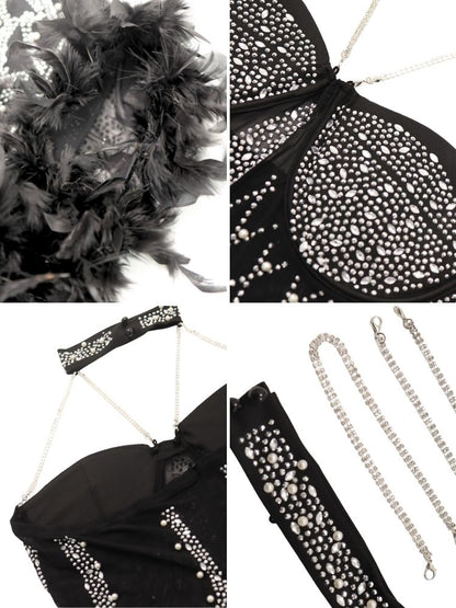 Mono con cuello halter y diamantes de imitación y plumas 3.10有货