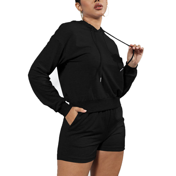 Two Piece Long Sleeve Drawstring Hoodie & Shorts