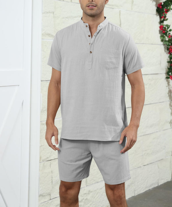 Mens Two Piece Short Sleeve Henley Shirts Shorts