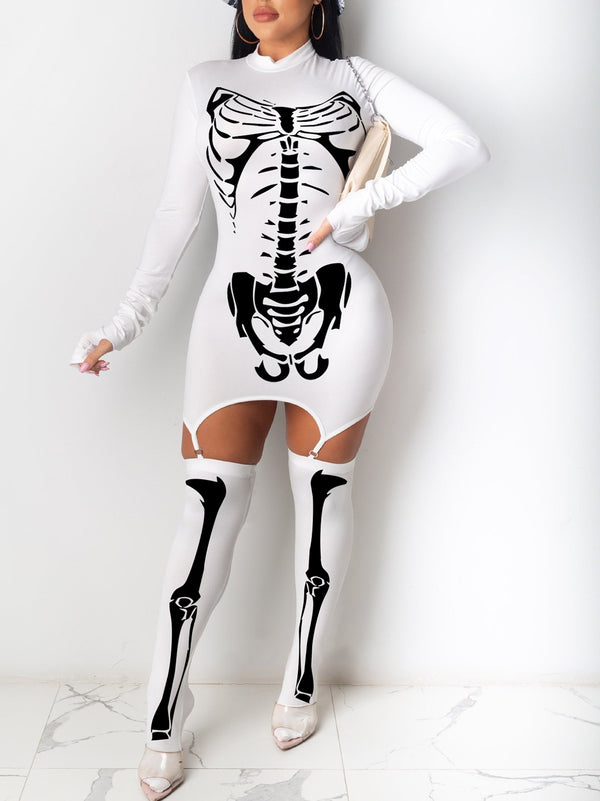 Halloween Skeleton Print Dress Stockings Set