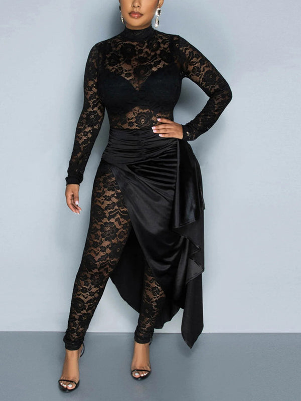 Two Piece Lace Jumpsuit Belted Cape Skirt Set