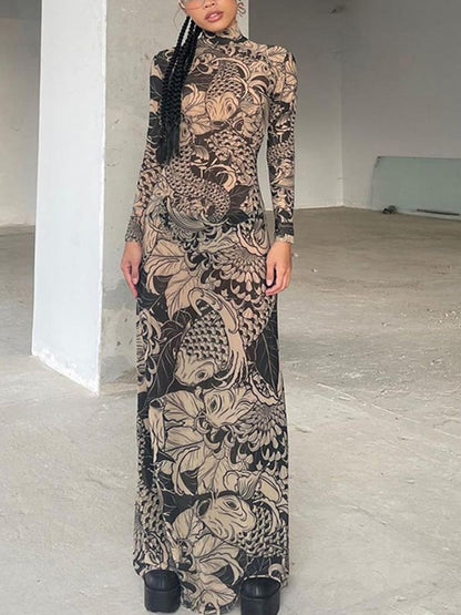 Mock Neck Mesh Print Maxi Dress