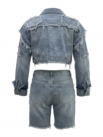 Ripped Patch Denim Jacket Shorts Set