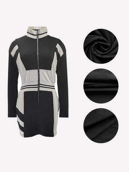 Colorblock Zip Jacket Long Sleeve Dress