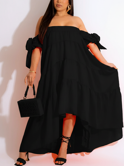 Off Shoulder Ruffle Asymmetric Midi Dress