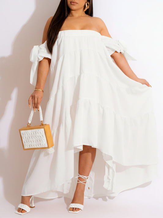 Off Shoulder Ruffle Asymmetric Midi Dress