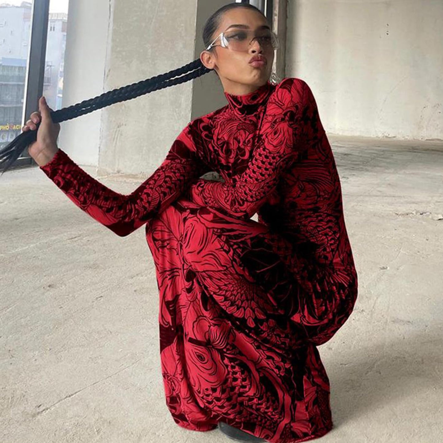 Mock Neck Mesh Print Maxi Dress