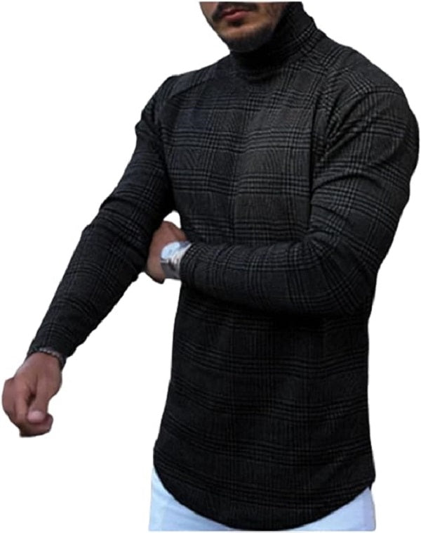 Mens Plaid Houndstooth Turtleneck Long Sleeve Top