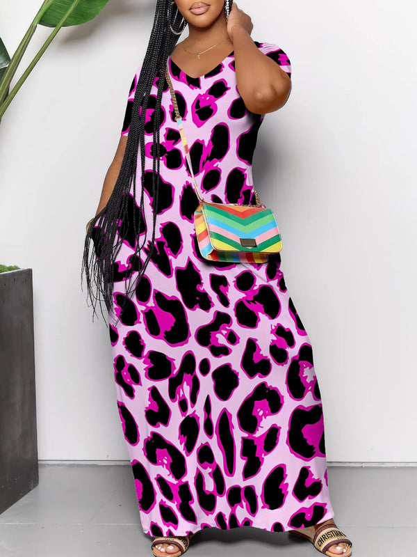 Short Sleeve Colorful Leopard Print Maxi Dress