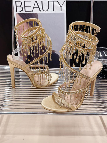 Rhinestone Fringe Ankle-Wrap Stiletto Heels