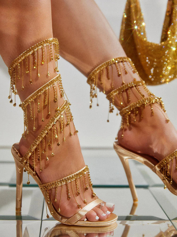 Rhinestone Fringe Ankle-Wrap Stiletto Heels