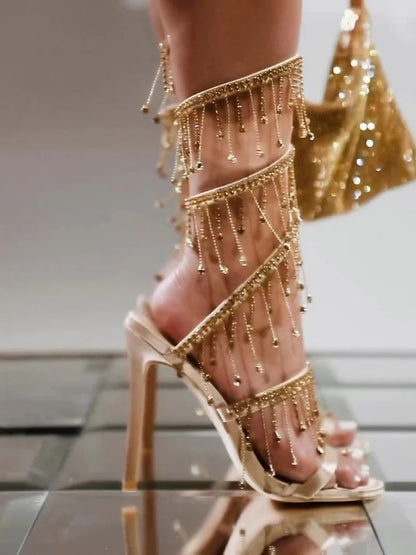 Rhinestone Fringe Ankle-Wrap Stiletto Heels