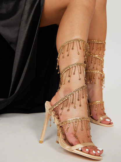 Rhinestone Fringe Ankle-Wrap Stiletto Heels