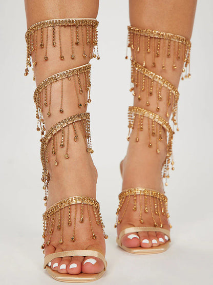 Rhinestone Fringe Ankle-Wrap Stiletto Heels