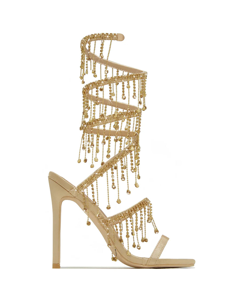 Rhinestone Fringe Ankle-Wrap Stiletto Heels