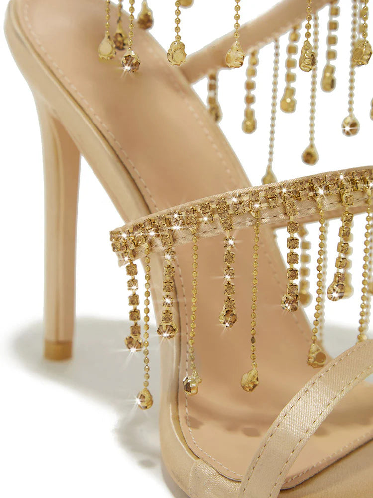 Rhinestone Fringe Ankle-Wrap Stiletto Heels