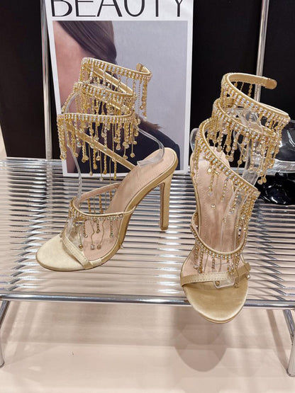 Rhinestone Fringe Ankle-Wrap Stiletto Heels