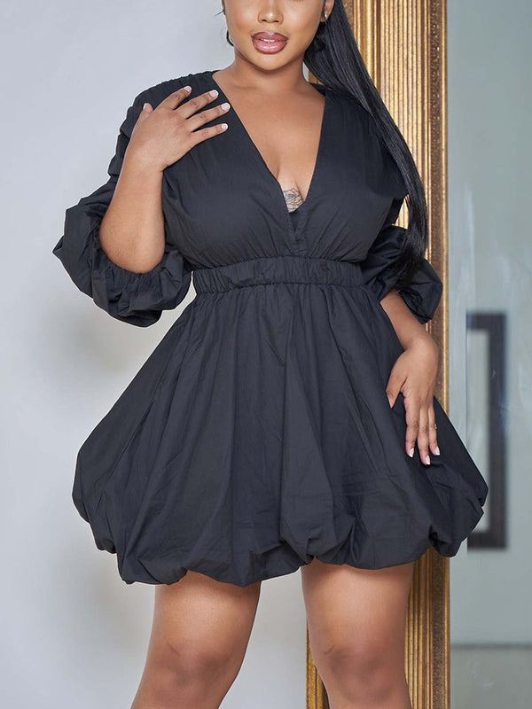 V Neck Puff Sleeve Mini Dress